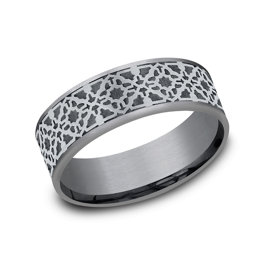 The Aztec Men's Wedding Band in Grey Tantalum and 14K White Gold - 7.5mm Width by Ammara Stone