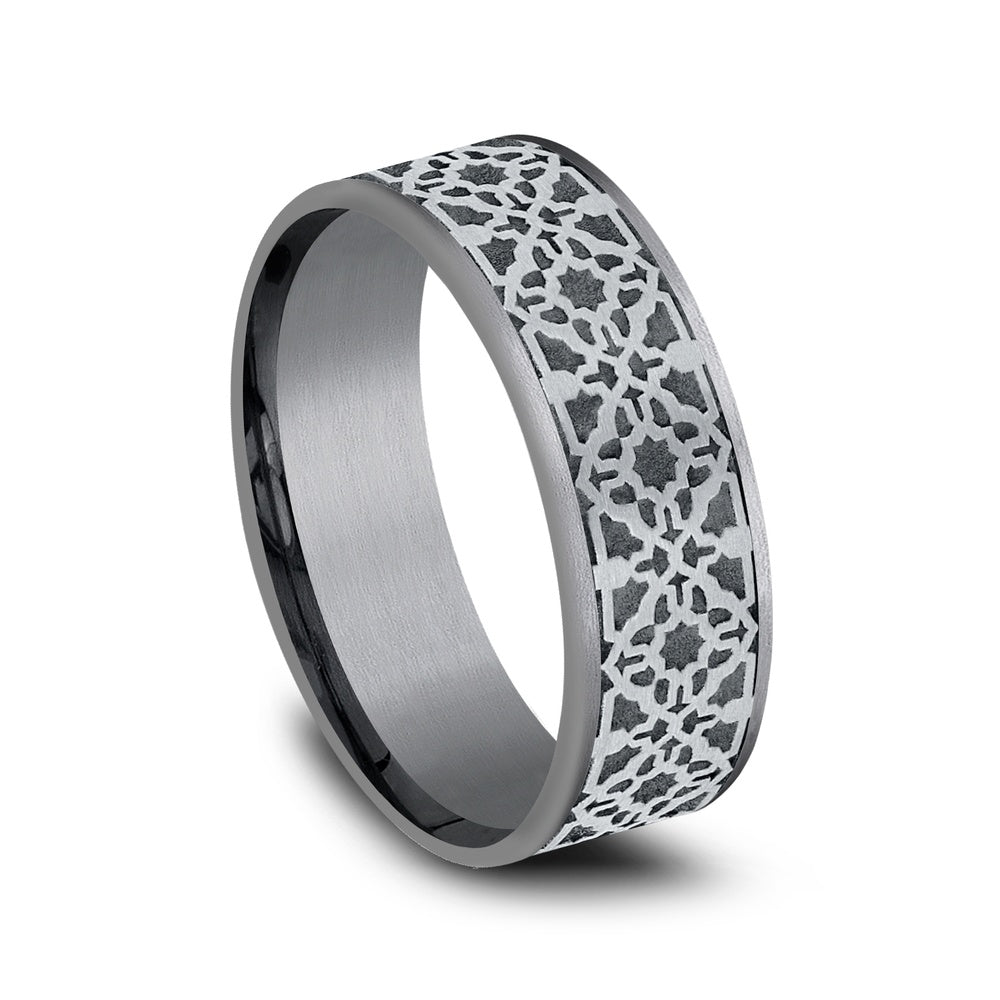 The Aztec Men's Wedding Band in Grey Tantalum and 14K White Gold - 7.5mm Width by Ammara Stone