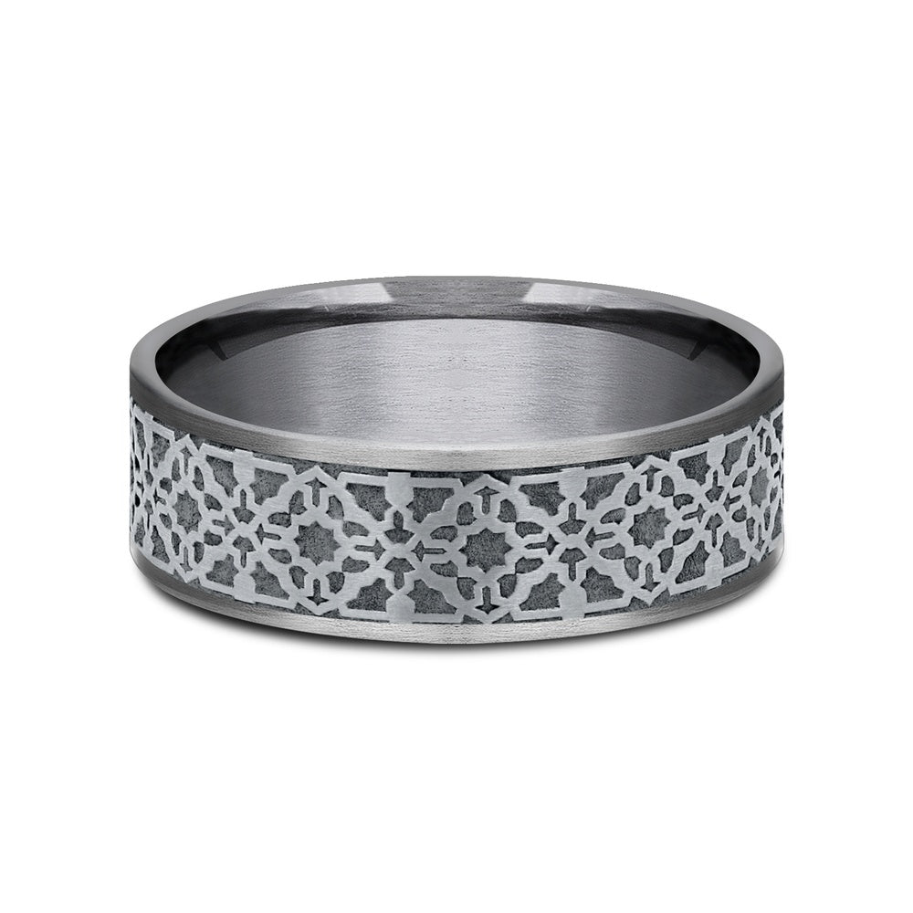 The Aztec Men's Wedding Band in Grey Tantalum and 14K White Gold - 7.5mm Width by Ammara Stone