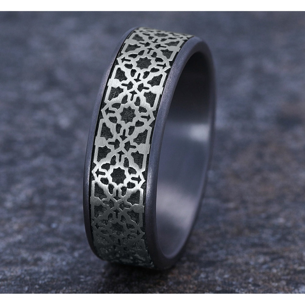 The Aztec Men's Wedding Band in Grey Tantalum and 14K White Gold - 7.5mm Width by Ammara Stone