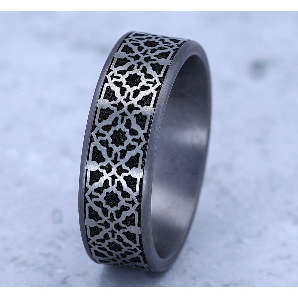 The Aztec Men's Wedding Band in Grey Tantalum and Grey/Black Titanium - 7.5mm Width by Tantalum