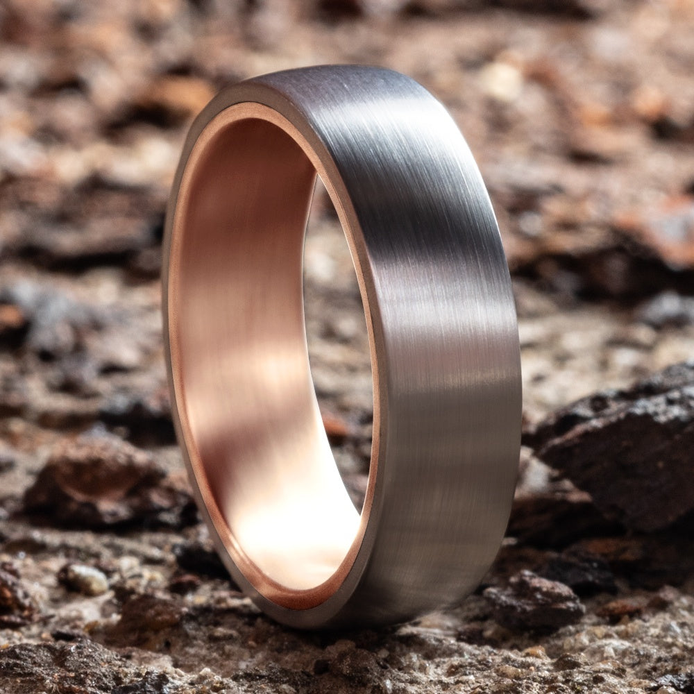 The Baron Men's Wedding Band in 14K Rose Gold and Grey Tantalum - 6.5mm Width by Ammara Stone