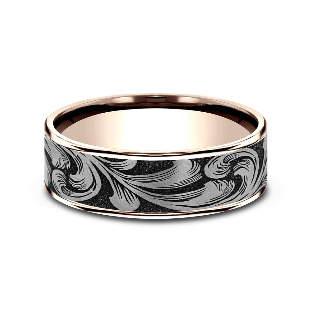 The Barrel Script Men's Wedding Band in 14K Rose Gold and Grey/Black Titanium - 7.5mm Width by Brook and Branch