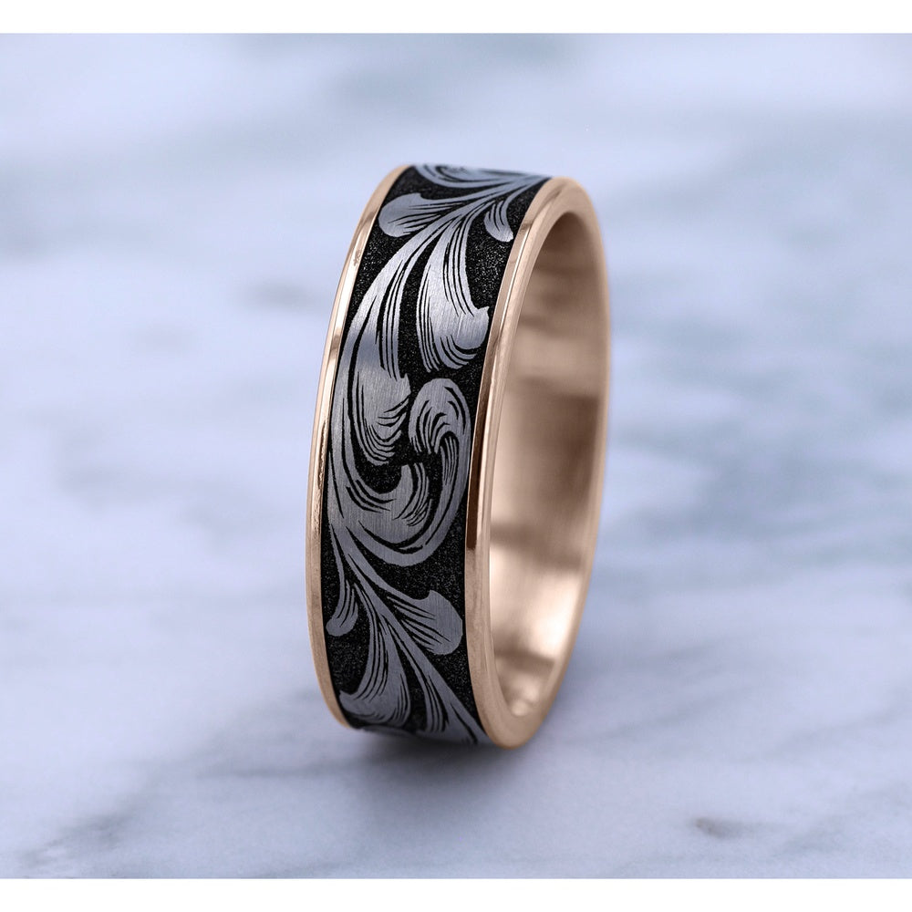 The Barrel Script Men's Wedding Band in 14K Rose Gold and Grey/Black Titanium - 7.5mm Width by Brook and Branch