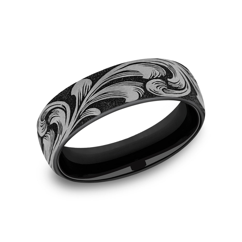 The Barrel Script Men's Wedding Band in Grey/Black Titanium - 6.5mm Width by Brook and Branch