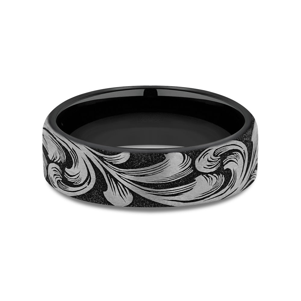 The Barrel Script Men's Wedding Band in Grey/Black Titanium - 6.5mm Width by Brook and Branch