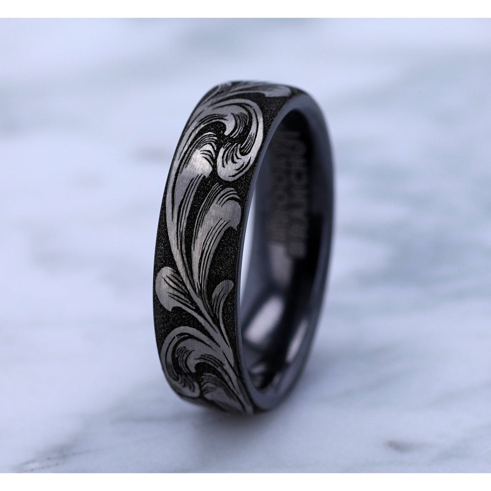 The Barrel Script Men's Wedding Band in Grey/Black Titanium - 6.5mm Width by Brook and Branch