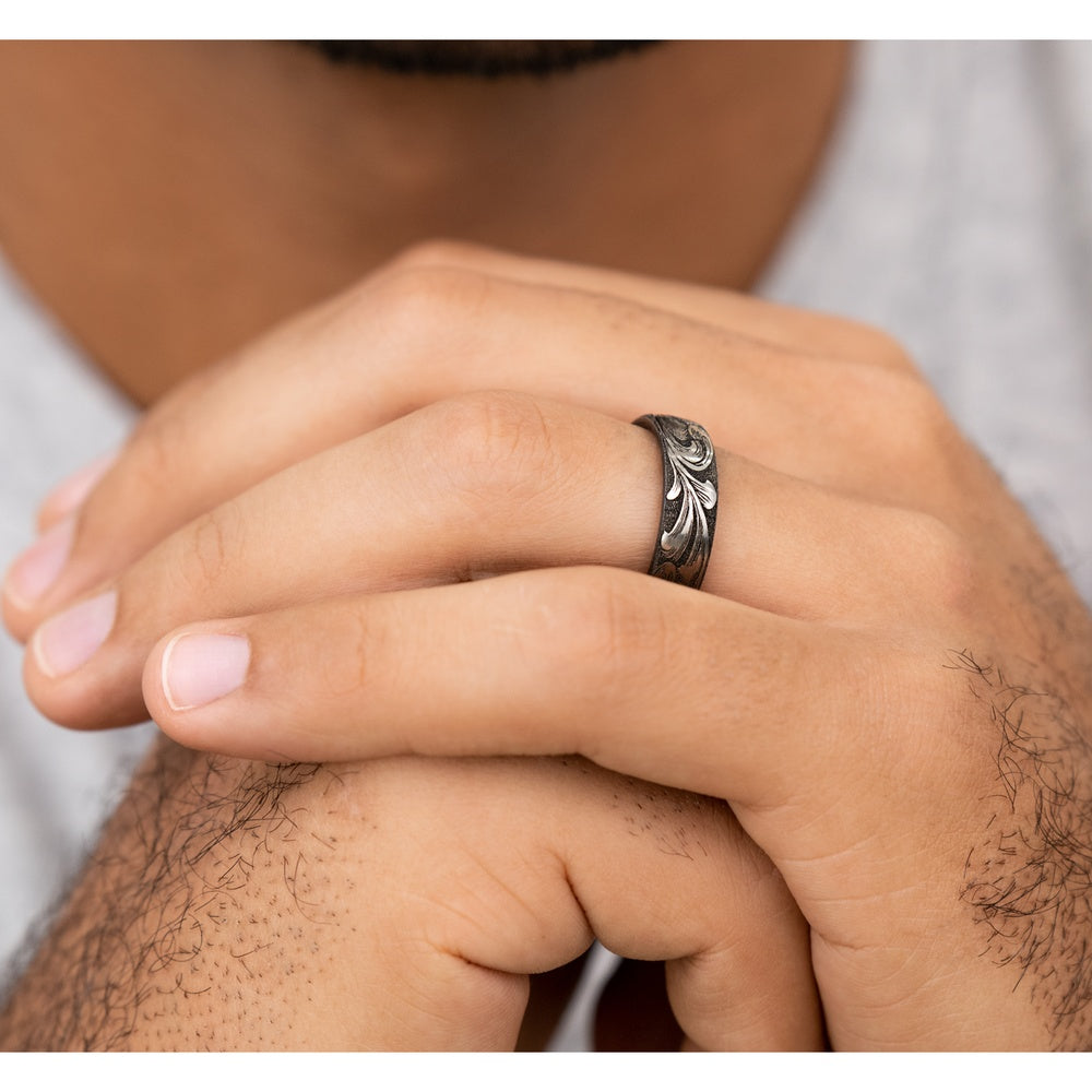 The Barrel Script Men's Wedding Band in Grey/Black Titanium - 6.5mm Width by Brook and Branch