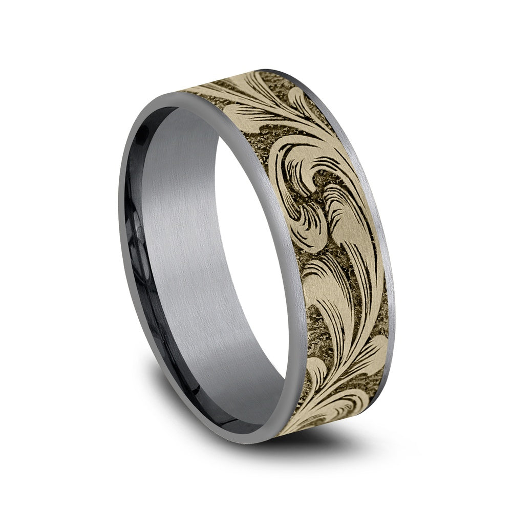 The Barrel Script Men's Wedding Band in Grey Tantalum and 14K Yellow Gold - 7.5mm Width by Brook and Branch