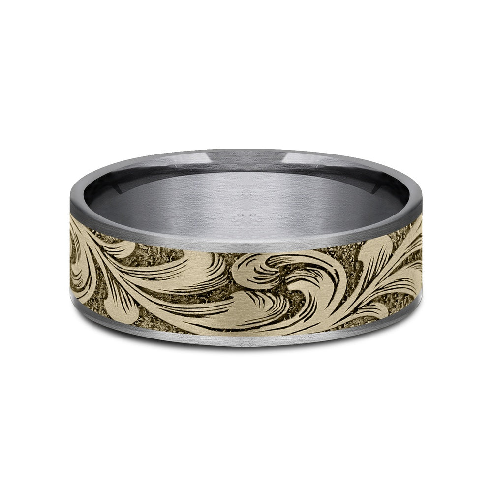 The Barrel Script Men's Wedding Band in Grey Tantalum and 14K Yellow Gold - 7.5mm Width by Brook and Branch