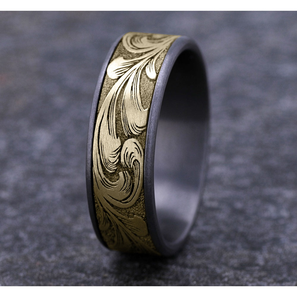 The Barrel Script Men's Wedding Band in Grey Tantalum and 14K Yellow Gold - 7.5mm Width by Brook and Branch