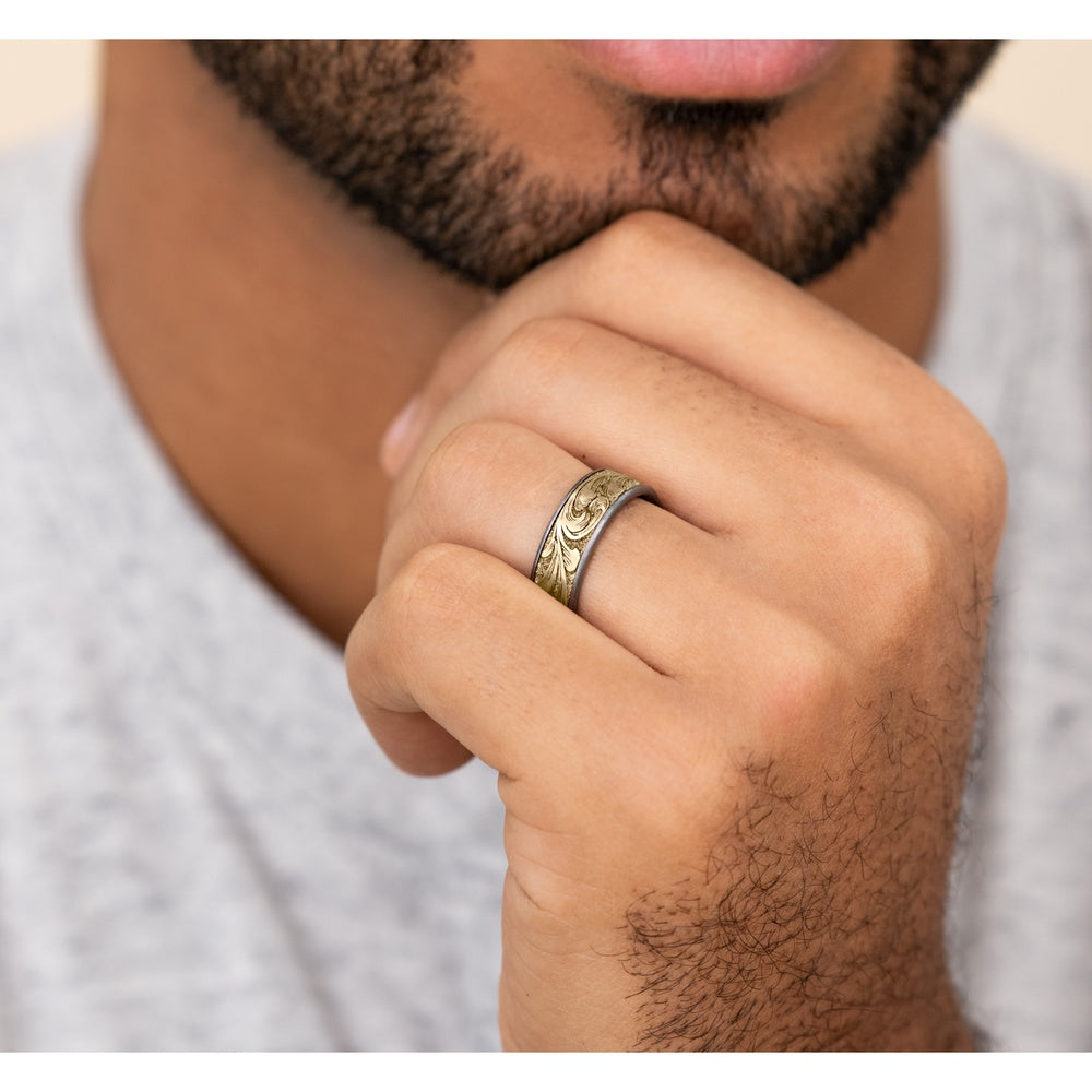 The Barrel Script Men's Wedding Band in Grey Tantalum and 14K Yellow Gold - 7.5mm Width by Brook and Branch
