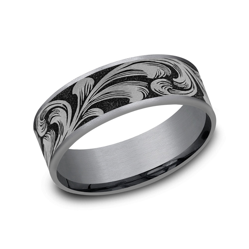 The Barrel Script Men's Wedding Band in Grey Tantalum and Grey/Black Titanium - 7.5mm Width by Brook and Branch