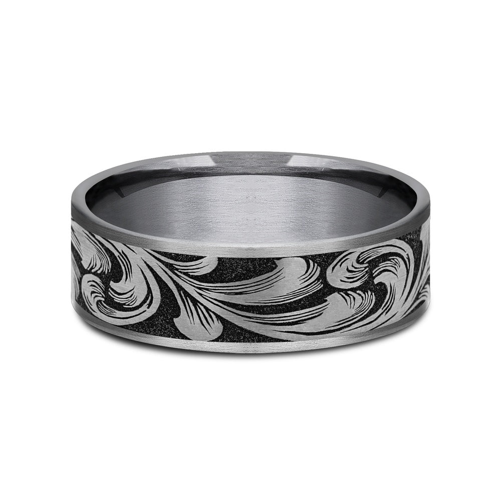 The Barrel Script Men's Wedding Band in Grey Tantalum and Grey/Black Titanium - 7.5mm Width by Brook and Branch