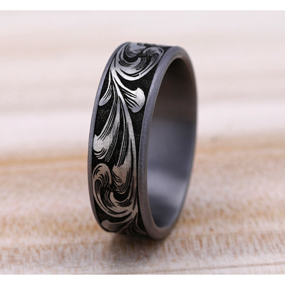 The Barrel Script Men's Wedding Band in Grey Tantalum and Grey/Black Titanium - 7.5mm Width by Brook and Branch