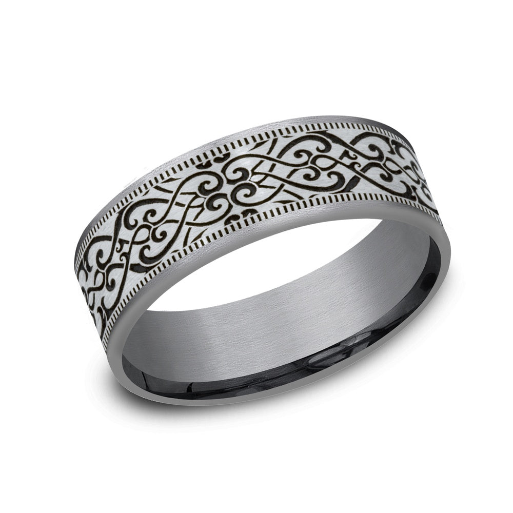 The Basilica Men's Wedding Band in Grey Tantalum and 14K White - 7.5mm Width by Ammara Stone
