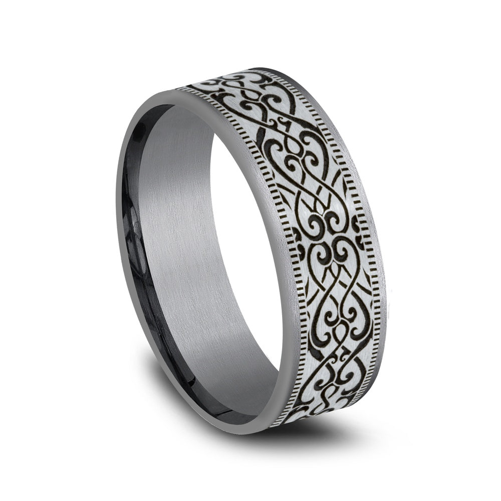 The Basilica Men's Wedding Band in Grey Tantalum and 14K White - 7.5mm Width by Ammara Stone