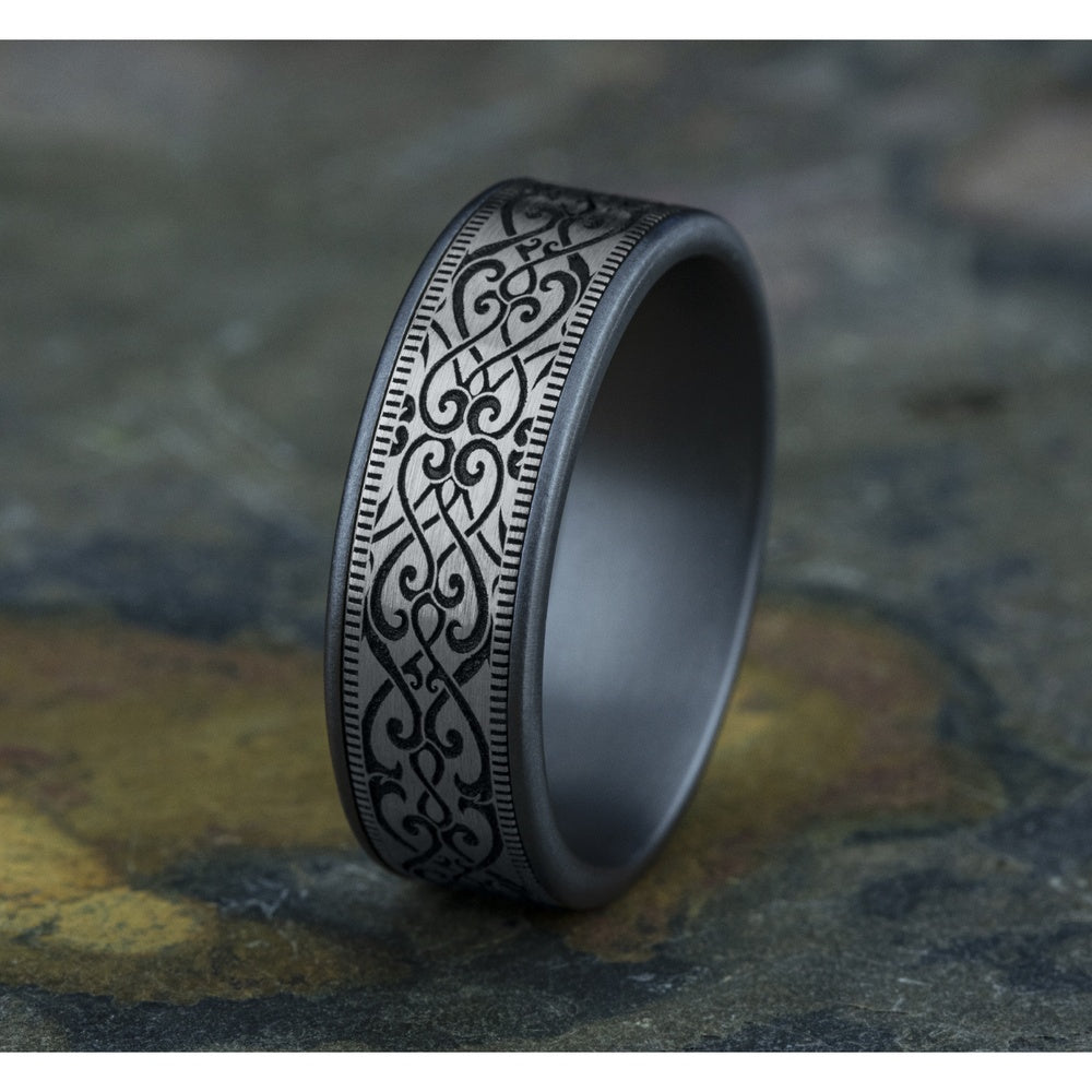 The Basilica Men's Wedding Band in Grey Tantalum and 14K White - 7.5mm Width by Ammara Stone