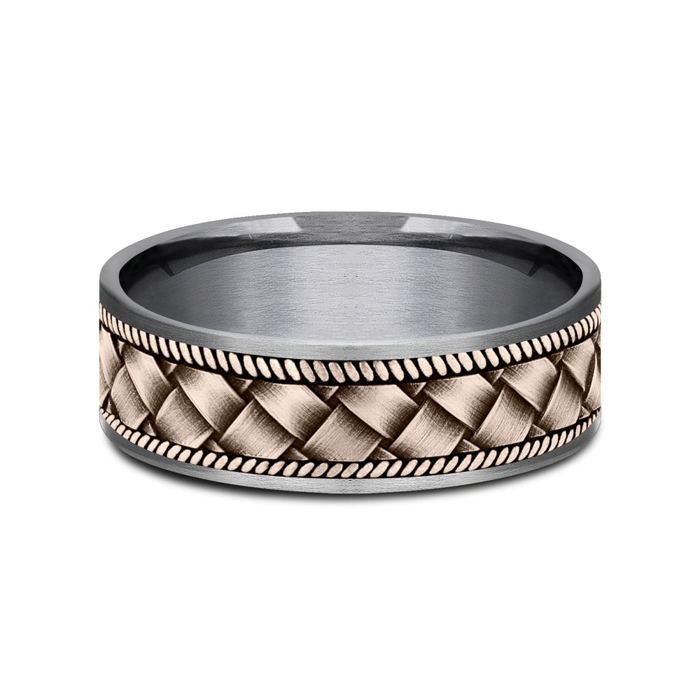 The Basket Men's Wedding Band in Grey Tantalum and 14K Rose Gold - 7.5mm Width by Ammara Stone