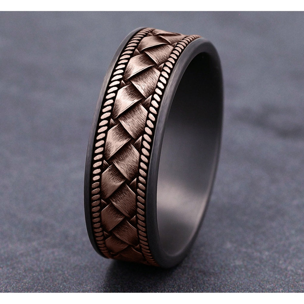 The Basket Men's Wedding Band in Grey Tantalum and 14K Rose Gold - 7.5mm Width by Ammara Stone