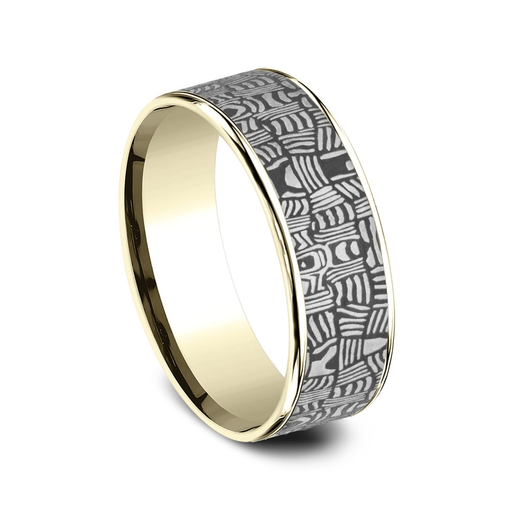 The Basket Weave Men's Wedding Band in 14K Yellow Gold and Tantalum - 7.5mm Width by Ammara Stone