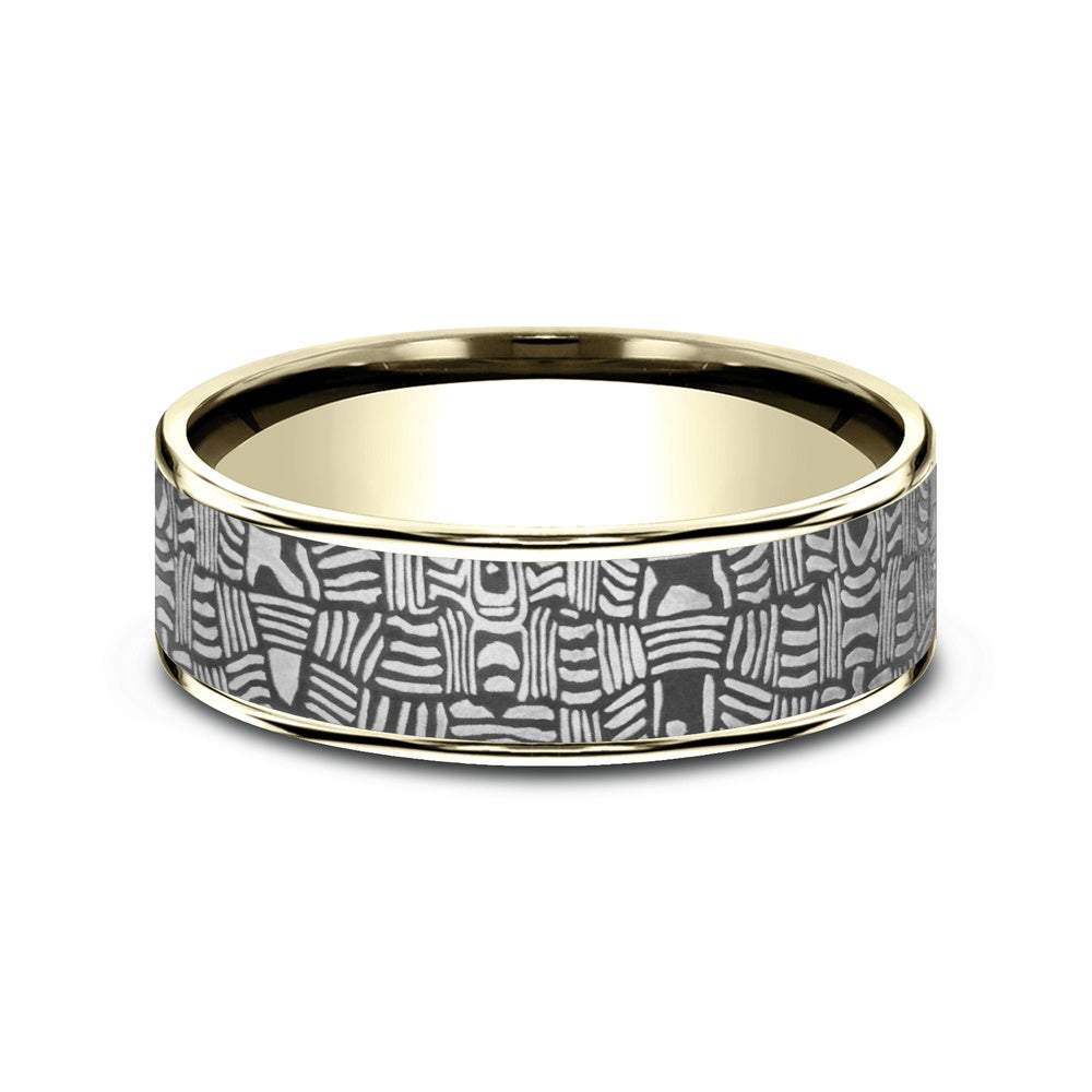 The Basket Weave Men's Wedding Band in 14K Yellow Gold and Tantalum - 7.5mm Width by Ammara Stone