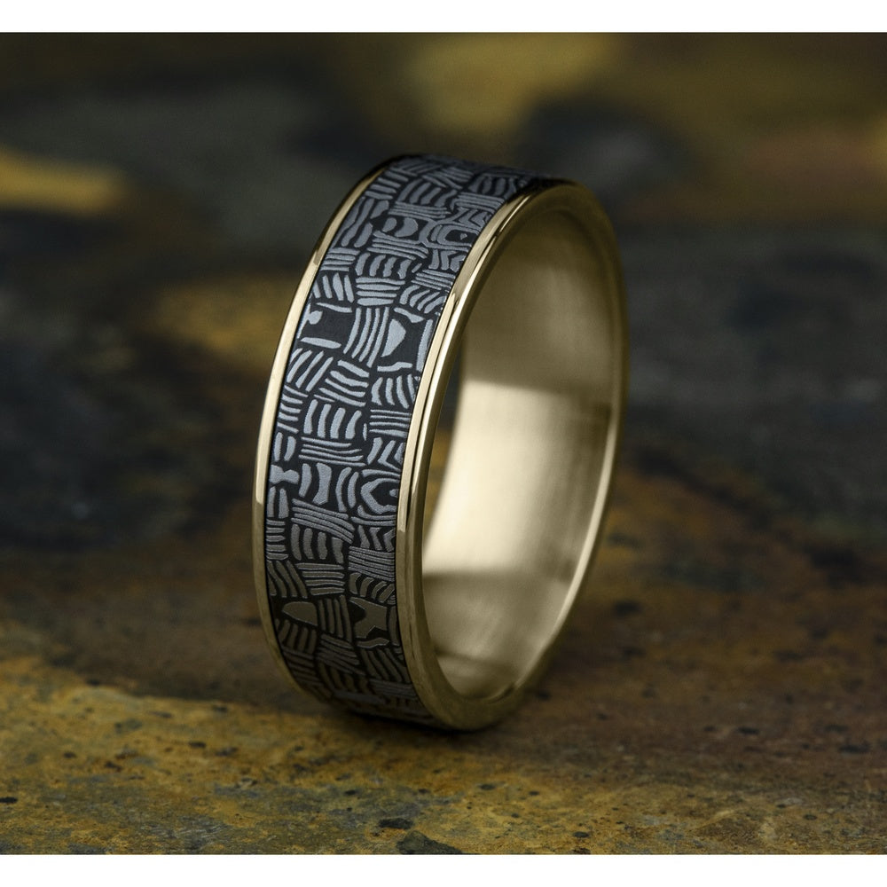 The Basket Weave Men's Wedding Band in 14K Yellow Gold and Tantalum - 7.5mm Width by Ammara Stone
