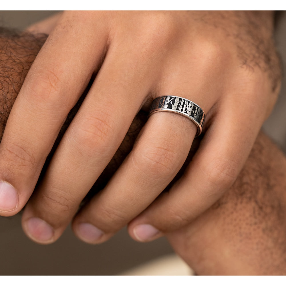The Birch Men's Wedding Band in 14K White Gold and Grey/Black Titanium - 7.5mm Width by Brook and Branch