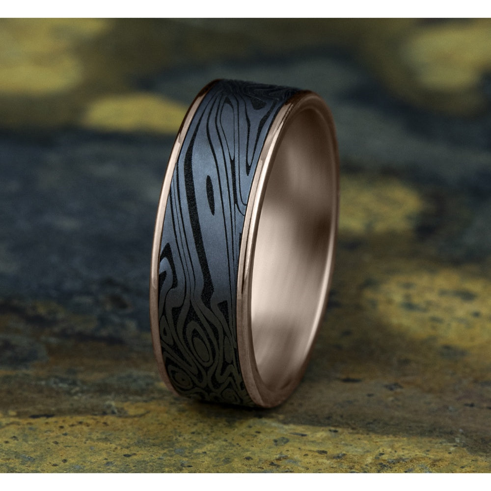 The Birds Eye Men's Wedding Band in 14K Rose Gold and Grey Tantalum - 7.5mm Width by Ammara Stone