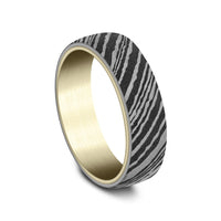 The Blade Men's Wedding Band in 14K Yellow Gold and Damascus Steel - 6.5mm Width by Ammara Stone