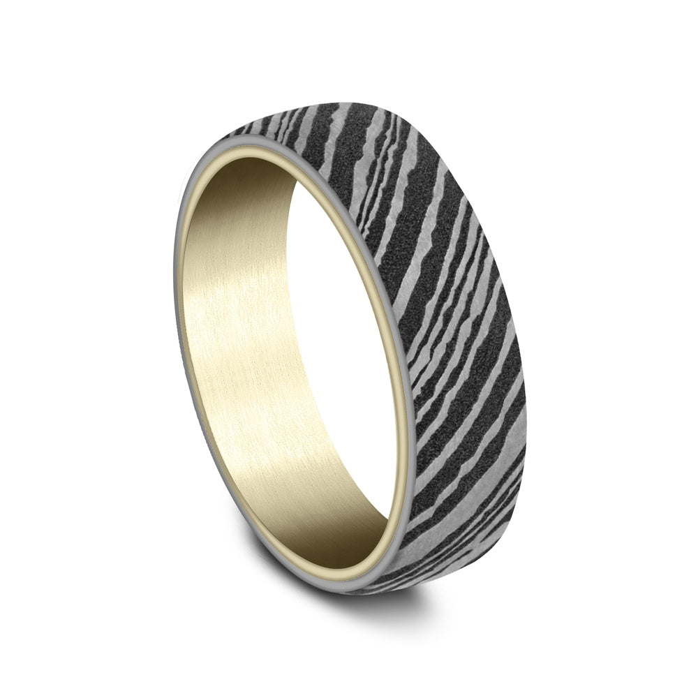 The Blade Men's Wedding Band in 14K Yellow Gold and Damascus Steel - 6.5mm Width by Ammara Stone