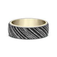 The Blade Men's Wedding Band in 14K Yellow Gold and Damascus Steel - 6.5mm Width by Ammara Stone