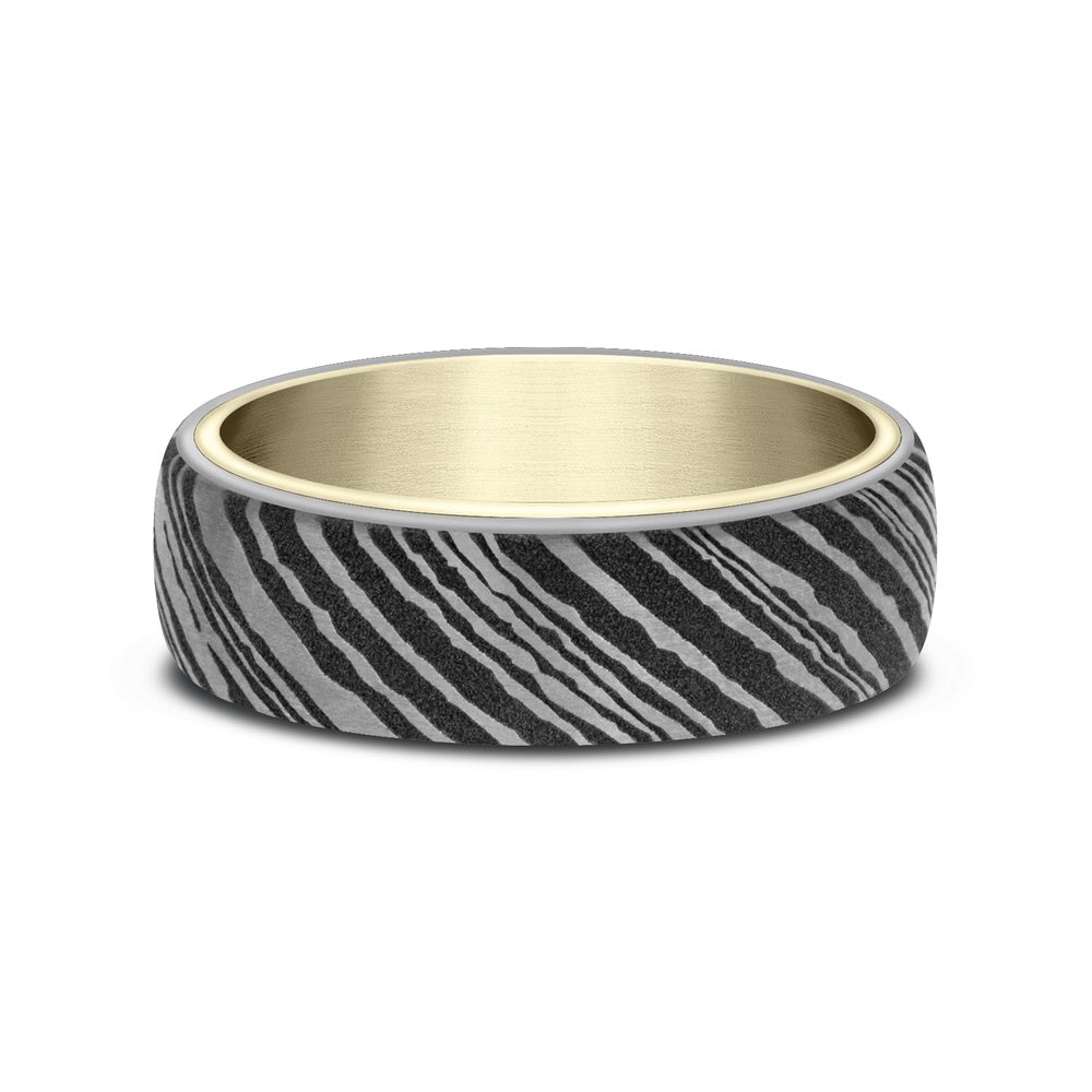 The Blade Men's Wedding Band in 14K Yellow Gold and Damascus Steel - 6.5mm Width by Ammara Stone