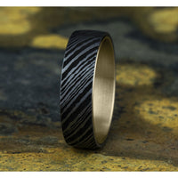 The Blade Men's Wedding Band in 14K Yellow Gold and Damascus Steel - 6.5mm Width by Ammara Stone