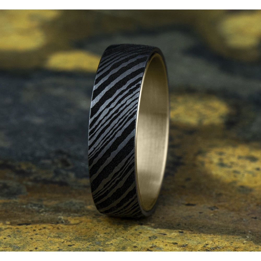 The Blade Men's Wedding Band in 14K Yellow Gold and Damascus Steel - 6.5mm Width by Ammara Stone