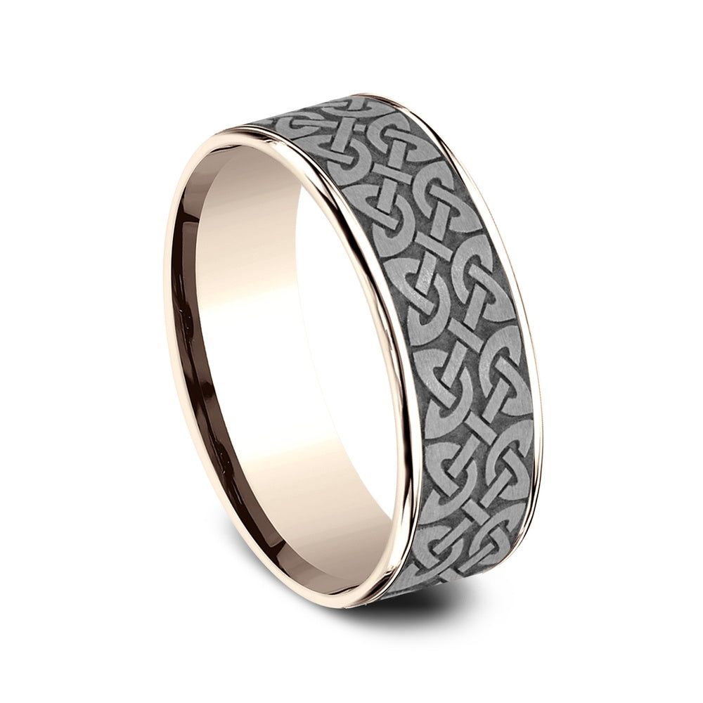 The Blarney Men's Wedding Band in 14K Rose Gold and Grey Tantalum - 7.5mm Width by Ammara Stone