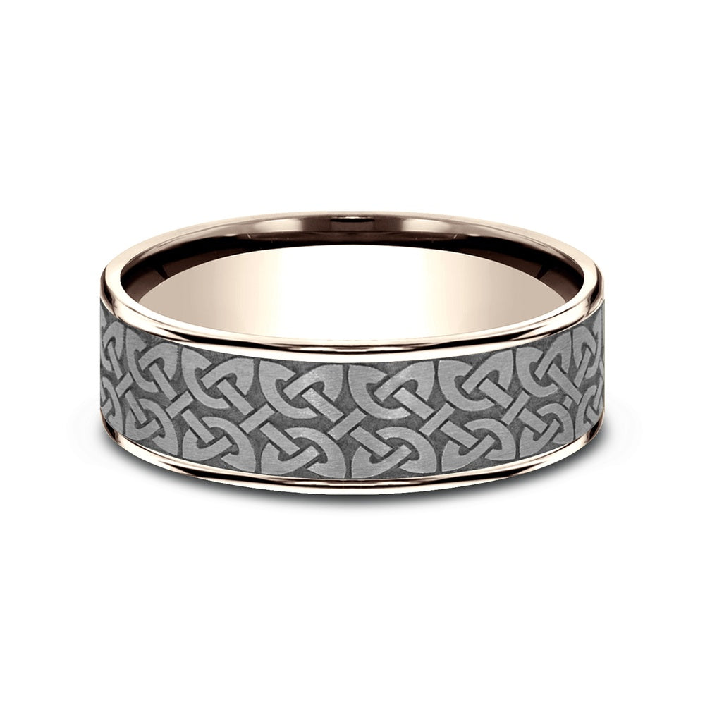 The Blarney Men's Wedding Band in 14K Rose Gold and Grey Tantalum - 7.5mm Width by Ammara Stone