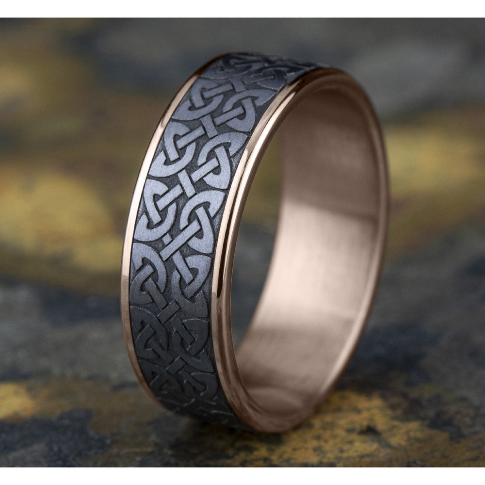 The Blarney Men's Wedding Band in 14K Rose Gold and Grey Tantalum - 7.5mm Width by Ammara Stone