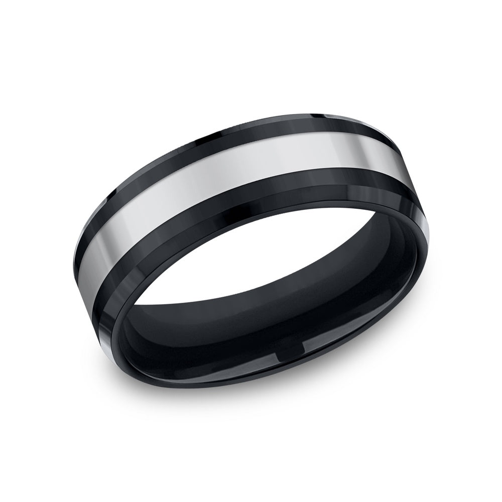 The Bogan Men's Wedding Band in Black Ceramic and Tungsten - 7mm Width by Forge