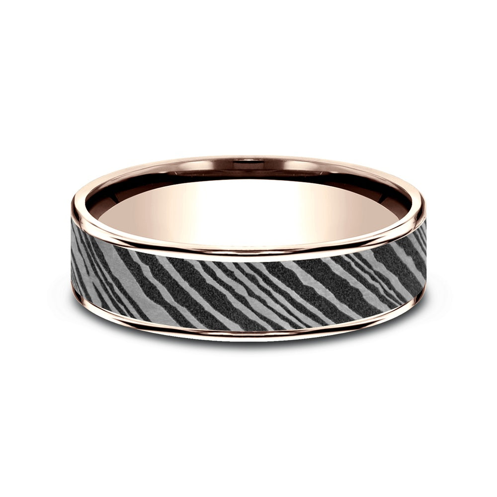 The Bowie Men's Wedding Band in 14K Rose Gold and Damascus Steel - 6.5mm Width by Ammara Stone