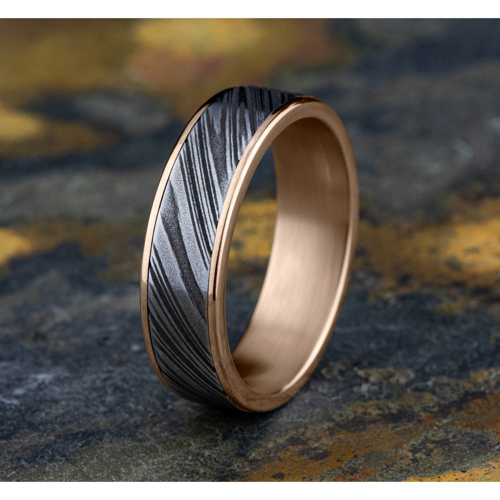 The Bowie Men's Wedding Band in 14K Rose Gold and Damascus Steel - 6.5mm Width by Ammara Stone
