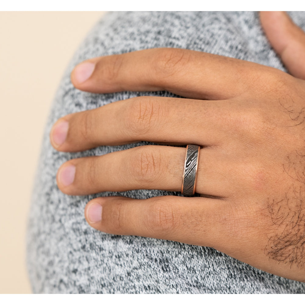 The Bowie Men's Wedding Band in 14K Rose Gold and Damascus Steel - 6.5mm Width by Ammara Stone