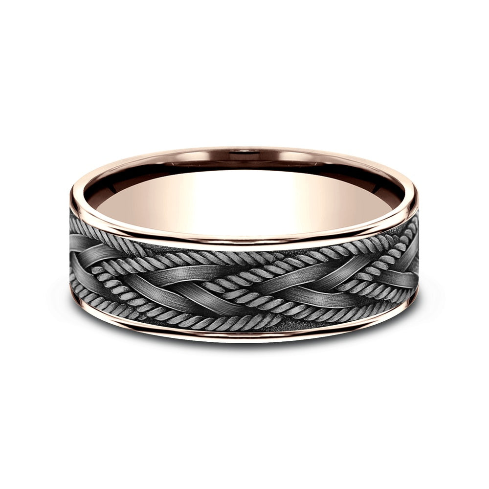 The Braid Men's Wedding Band in 14K Rose Gold and Grey Tantalum - 7.5mm Width by Ammara Stone
