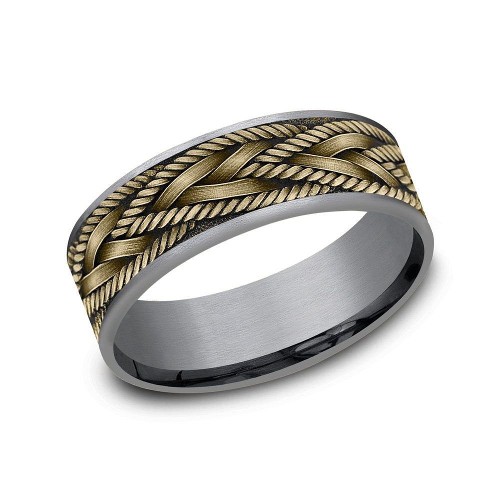 The Braid Men's Wedding Band in Grey Tantalum and 14K Yellow Gold - 7.5mm Width by Ammara Stone