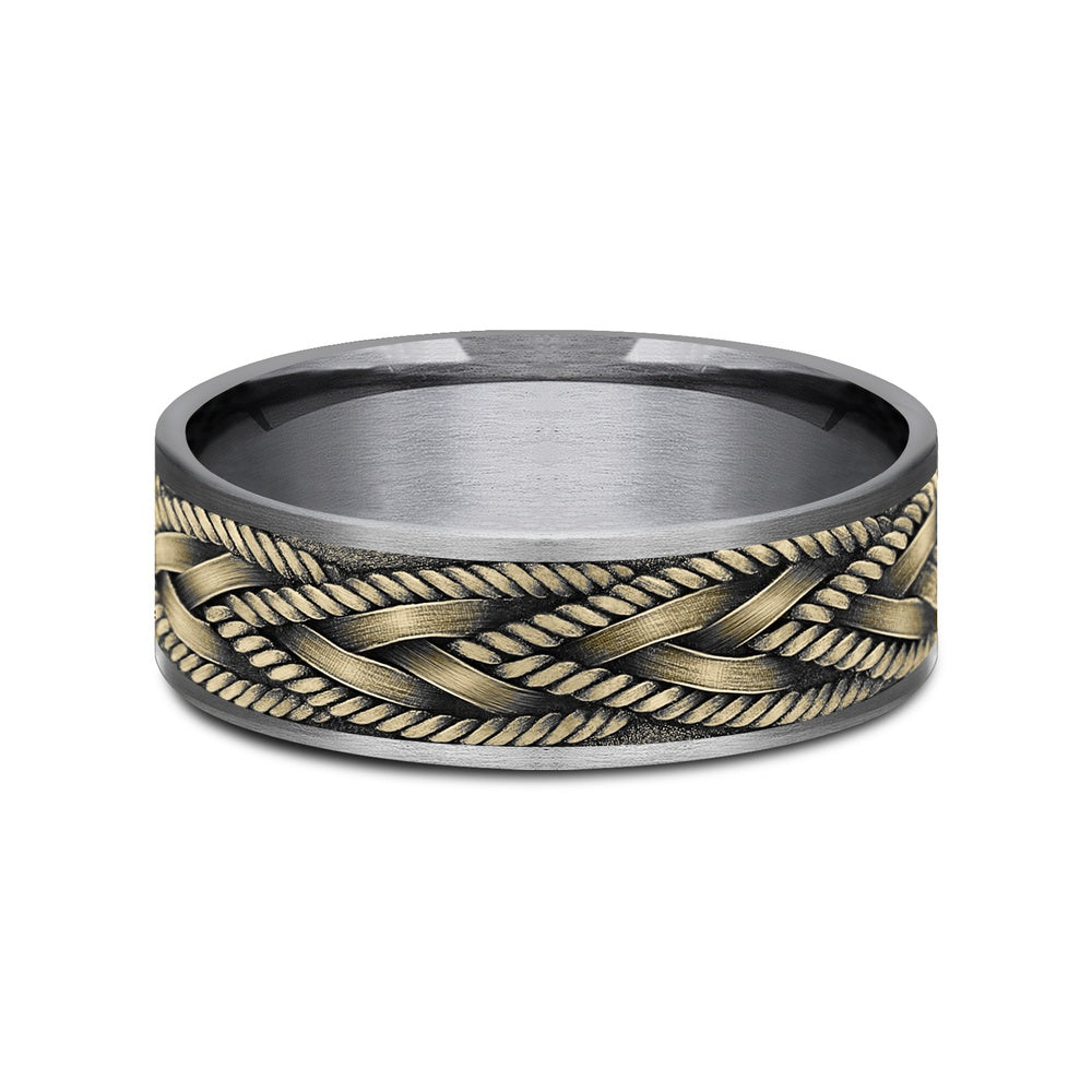 The Braid Men's Wedding Band in Grey Tantalum and 14K Yellow Gold - 7.5mm Width by Ammara Stone