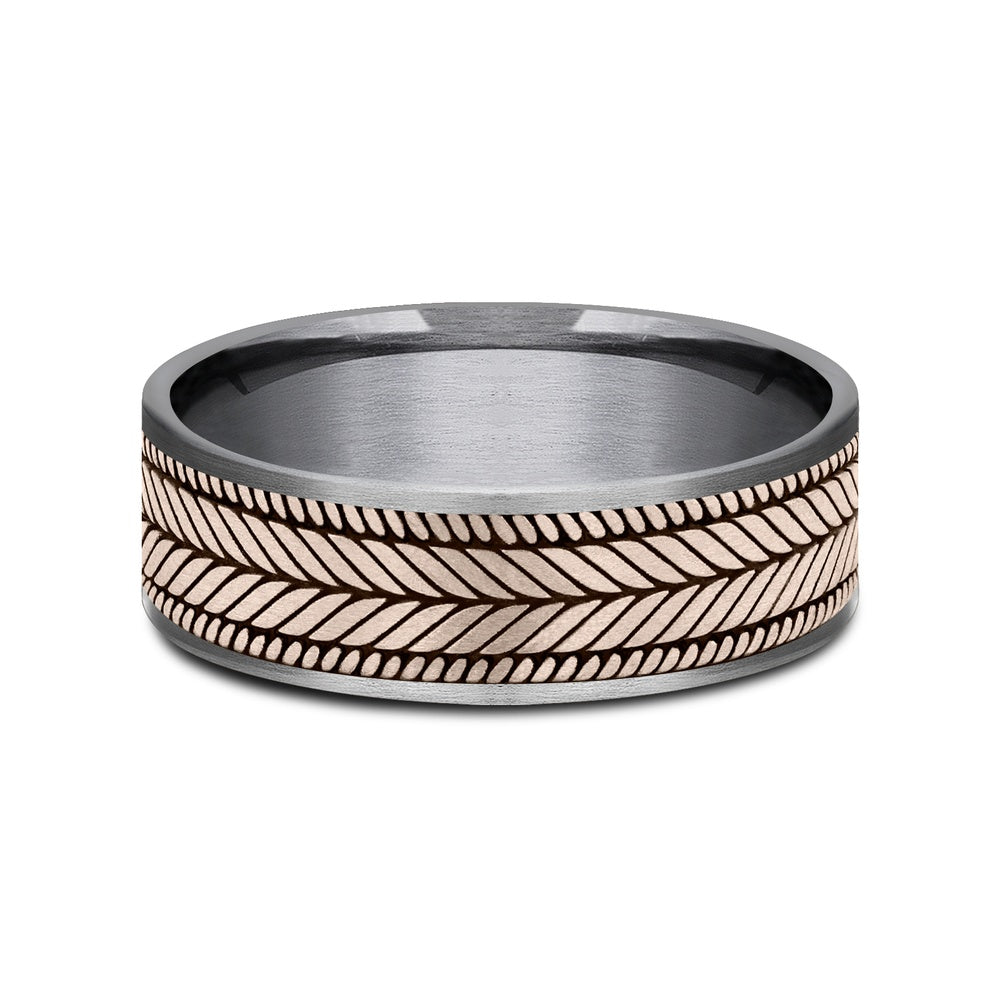 The Caprio Men's Wedding Band in Grey Tantalum and 14K Rose Gold - 7.5mm Width by Ammara Stone