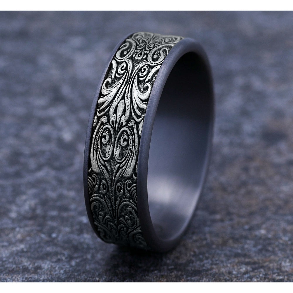 The Carver Men's Wedding Band in Grey Tantalum and 14K White Gold - 7.5mm Width by Ammara Stone