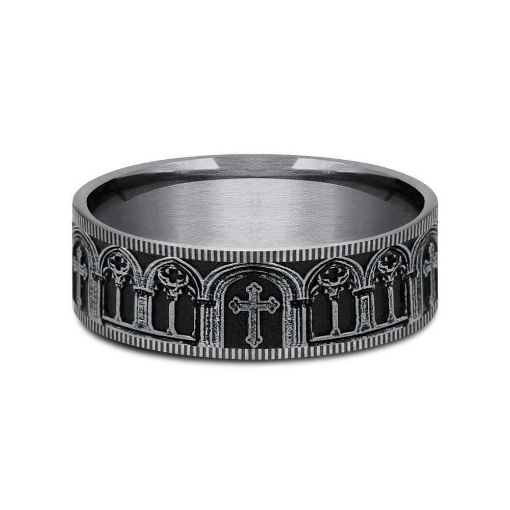 The Cathedral Men's Wedding Band in Grey Tantalum and 14K White Gold - 7.5mm Width by Ammara Stone
