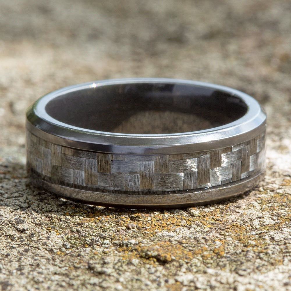 The Chief Men's Wedding Band in Tantalum and Grey Carbon Fiber - 8mm Width by Tantalum