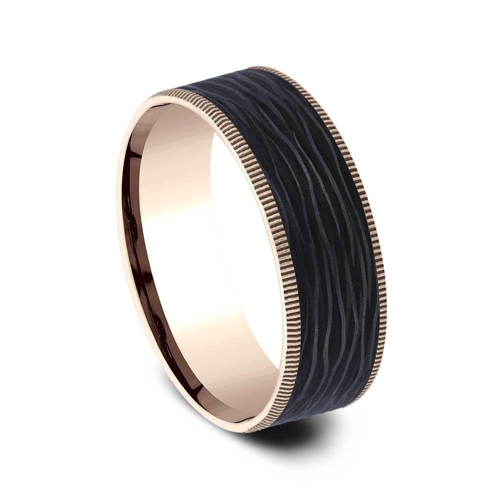 The Cinder Men's Wedding Band in 14K Rose Gold and Forged Carbon Fiber - 7.5mm Width by Ammara Stone